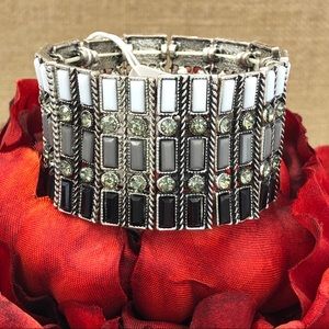 Wide Statement Black Grey White Stretch Bracelet